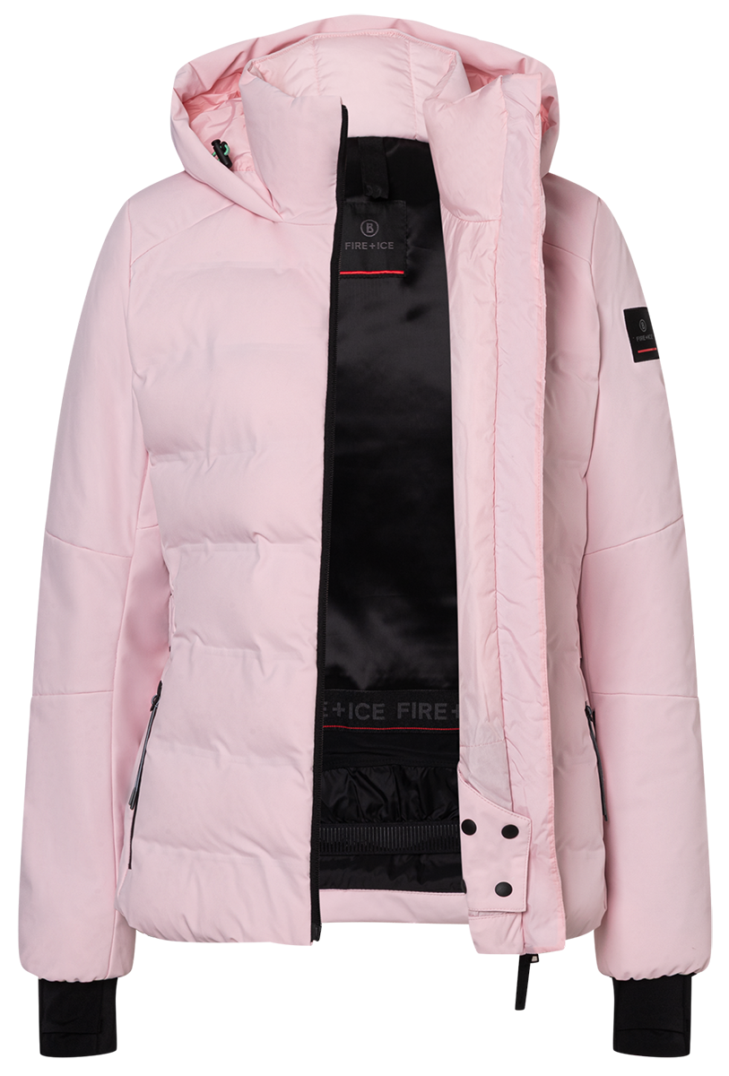 Bogner FIRE + ICE Women's Cadja3 ski jacket with 4-way stretch fabric, Thermore Ecodown insulation, quilted hood and adjustable waist.