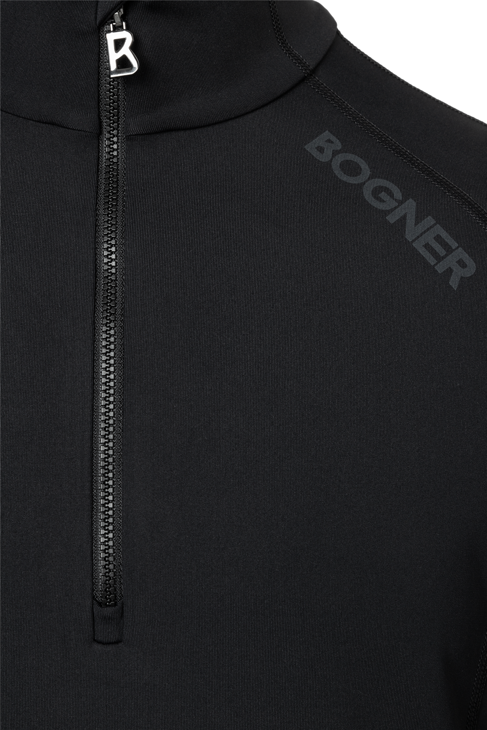 A black Bogner Men's Harry T-Neck sweater which features a quick drying, moisture-wickening, and stretchable technical fabric.