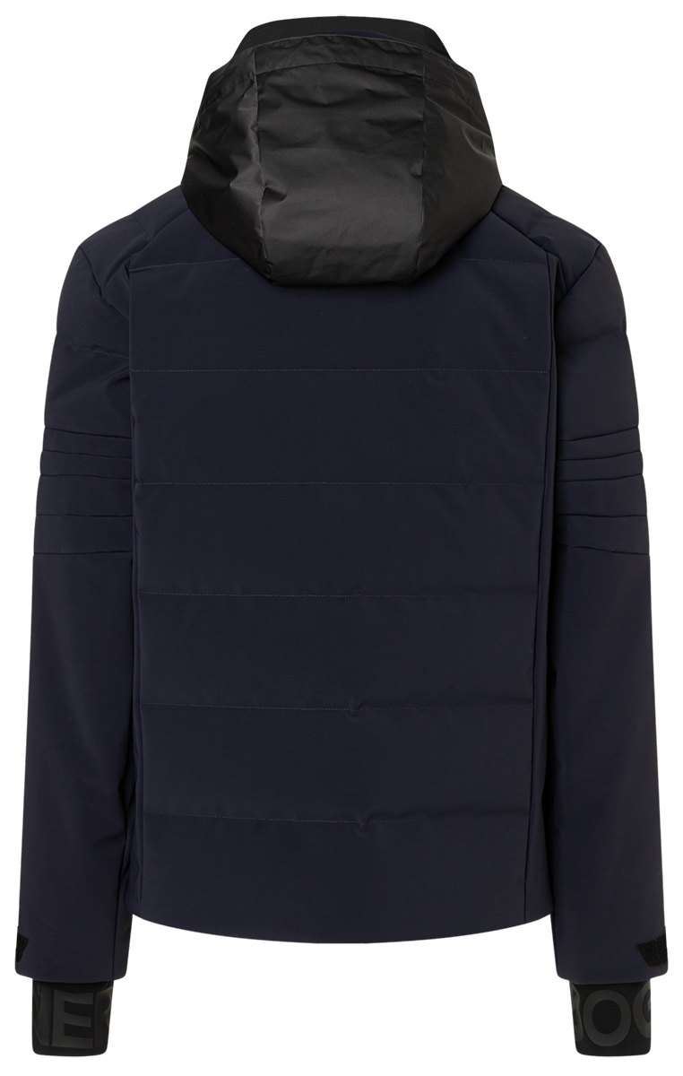Bogner Men's Minho-D Ski Jacket in Navy with waterproof 4-way stretch softshell, down-blend insulation and integrated hood.