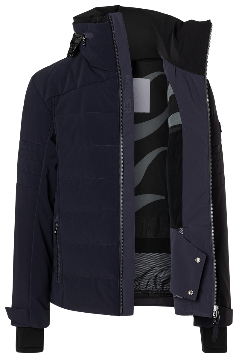 Bogner Men's Minho-D Ski Jacket in Navy with waterproof 4-way stretch softshell, down-blend insulation and integrated hood.