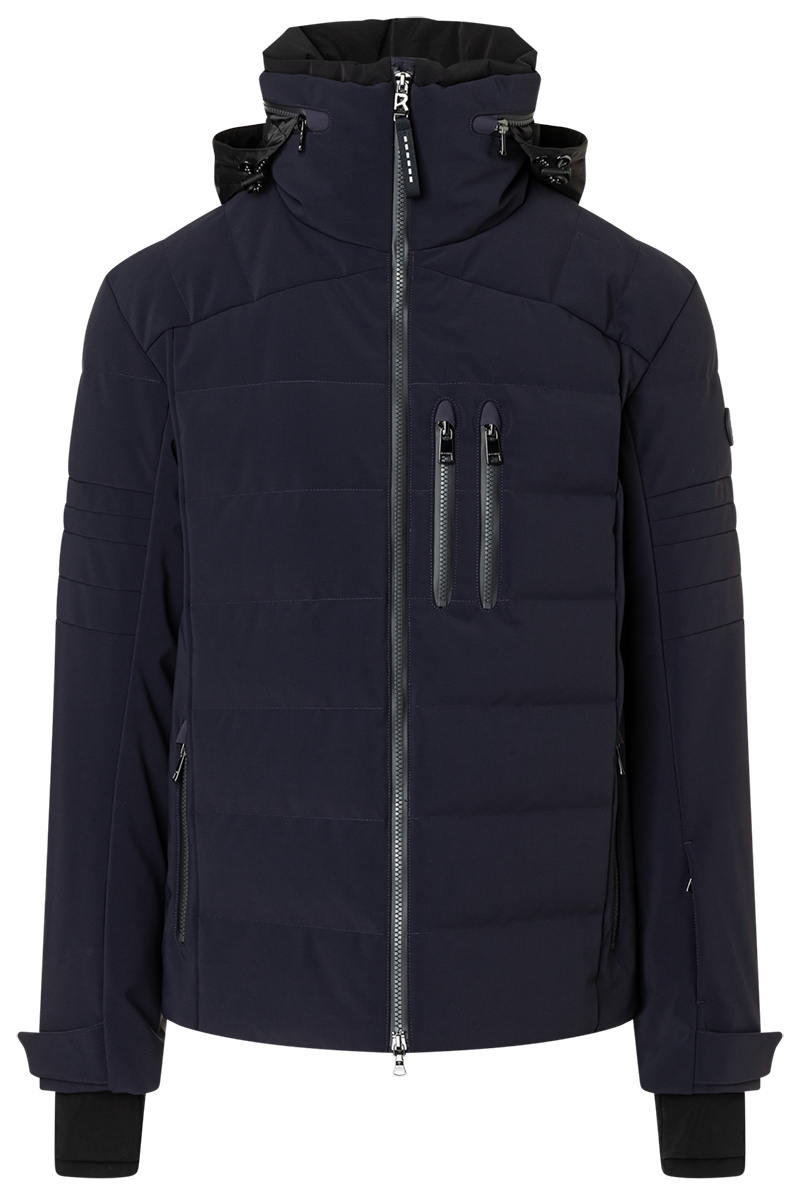 Bogner Men's Minho-D Ski Jacket in Navy with waterproof 4-way stretch softshell, down-blend insulation and integrated hood.