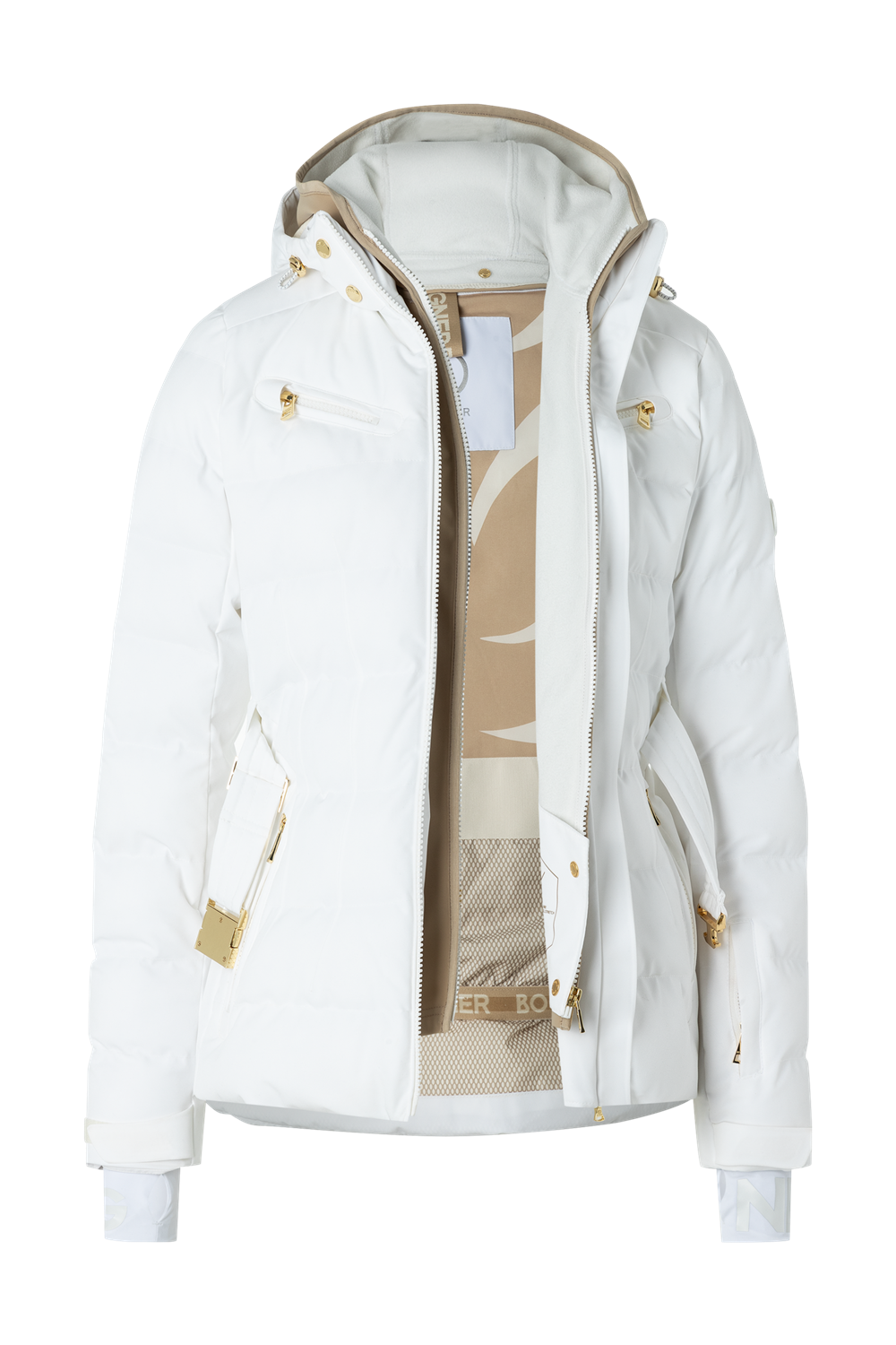 A white Bogner Women's Ellya Ski Jacket that features 20K waterproofing and breathability, is made from a luxurious 4-way stretch fabric, and offers a fashionable form-fitting silhouette with gold metal accents.