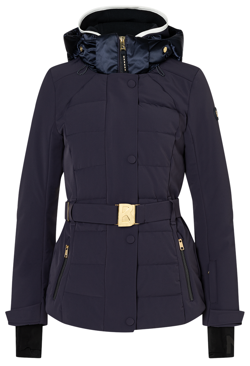 Bogner Women's Elva Ski Jacket in Navy with 4-way stretch fabric, Comfortemp insulation, belted waist and detachable hood.
