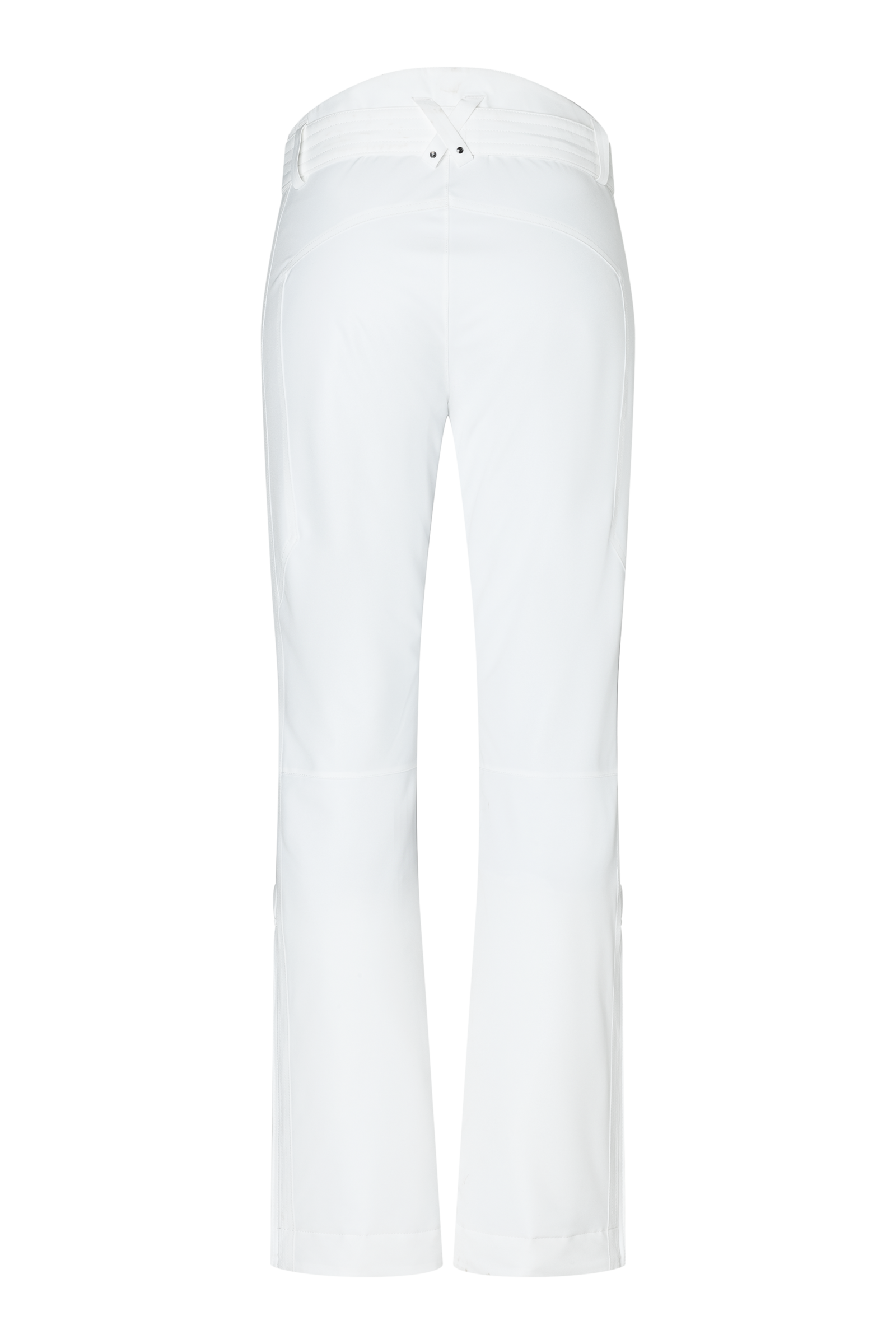 A pair of white Bogner Women's Fraenzi ski pants which features 20K waterproofing and breathability, premium 4-way stretch fabric, and a flattering, fashionable silhouette.