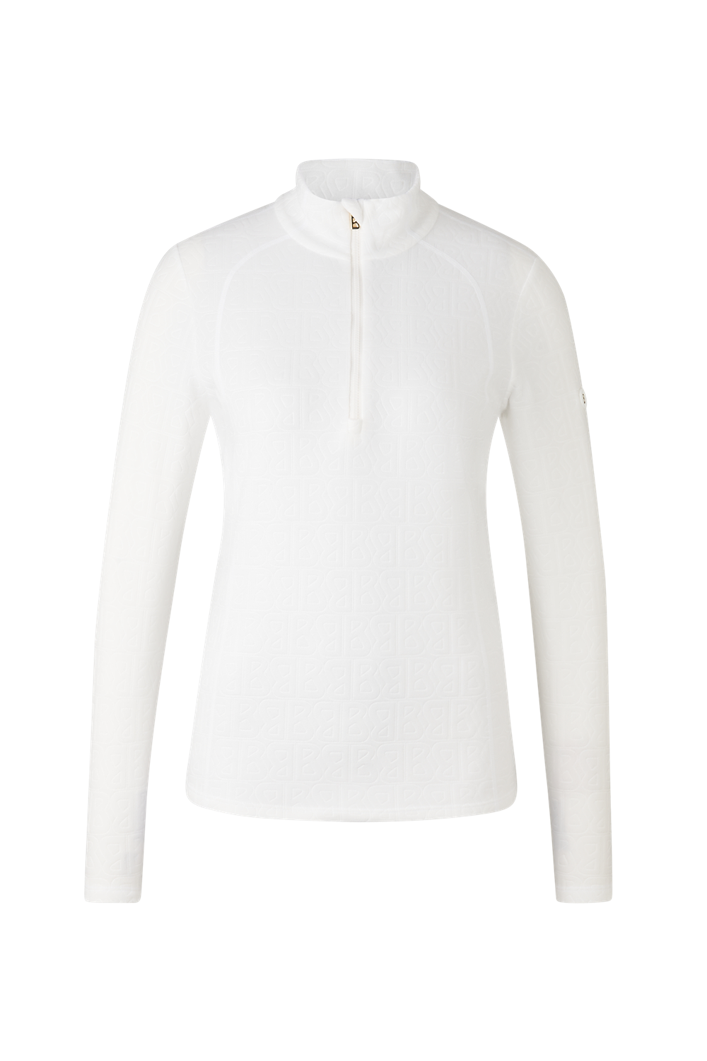 A white Bogner Women's Medita T-Neck sweater that features quick-drying, moisture-wicking, stretchable technical fabric in a slimming, fashionable silhouette.