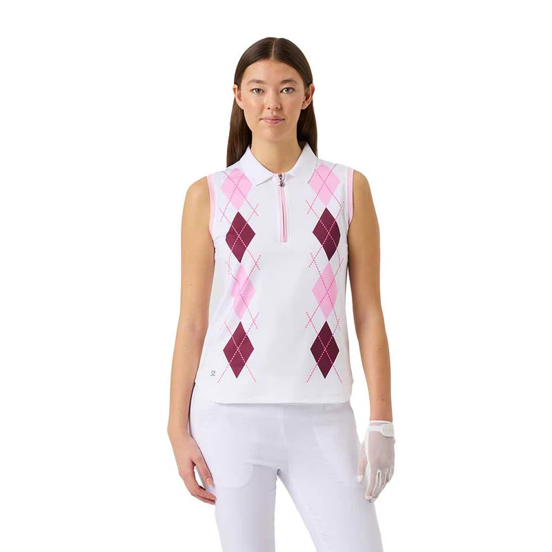 Woman wearing a Daily Sports sleeveless argyle pattern polo shirt on a white background