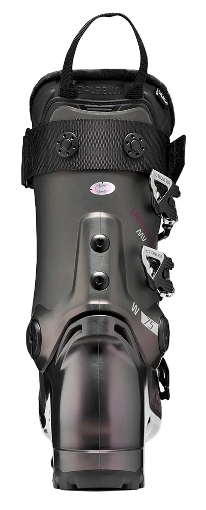 A Dalbello Women’s Veloce MV 75 Ski Boot featuring bi-injected PU shell, 100mm medium-volume last, 75 flex rating, Sport W insulated liner, MyFit shell system, and GripWalk soles.
