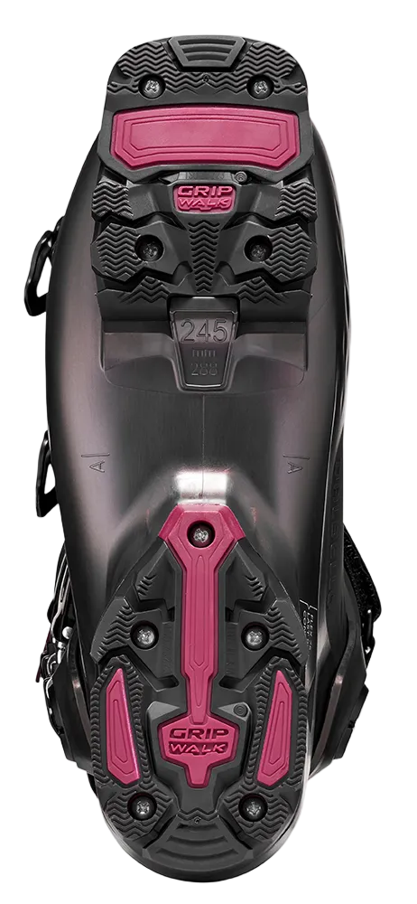 A Dalbello Women’s Veloce MV 75 Ski Boot featuring bi-injected PU shell, 100mm medium-volume last, 75 flex rating, Sport W insulated liner, MyFit shell system, and GripWalk soles.