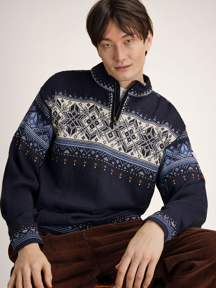 Dale of Norway Blyfjell Men's Knit Sweater in Navy, made from 100% Norwegian wool with a traditional Nordic pattern.