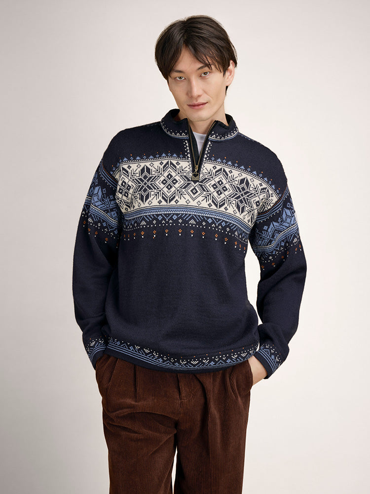Dale of Norway Blyfjell Men's Knit Sweater in Navy, made from 100% Norwegian wool with a traditional Nordic pattern.