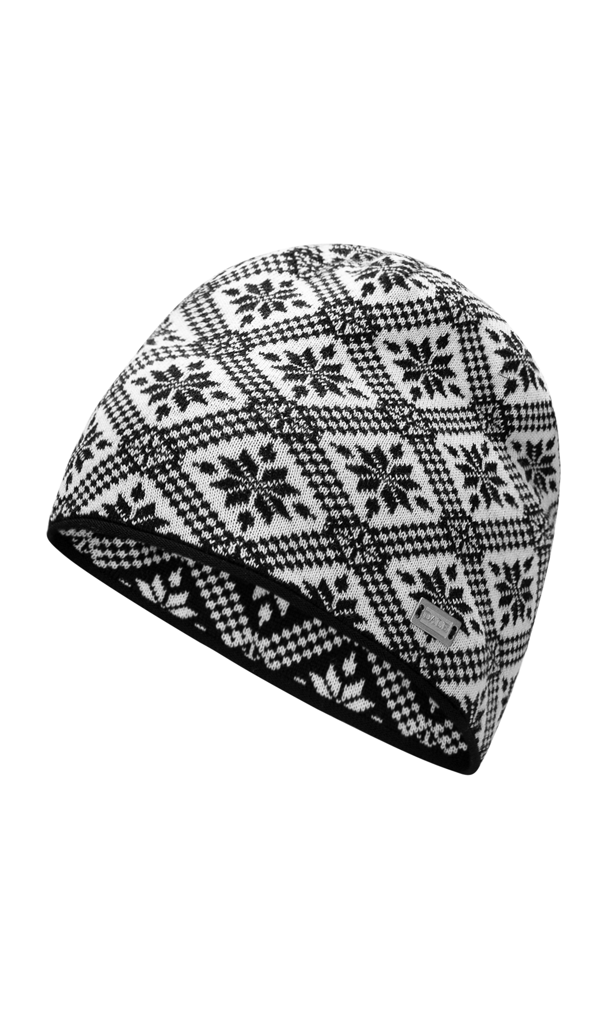 Dale of Norway Christiania Hat in Black Offwhite featuring a classic Norwegian-inspired knit pattern.