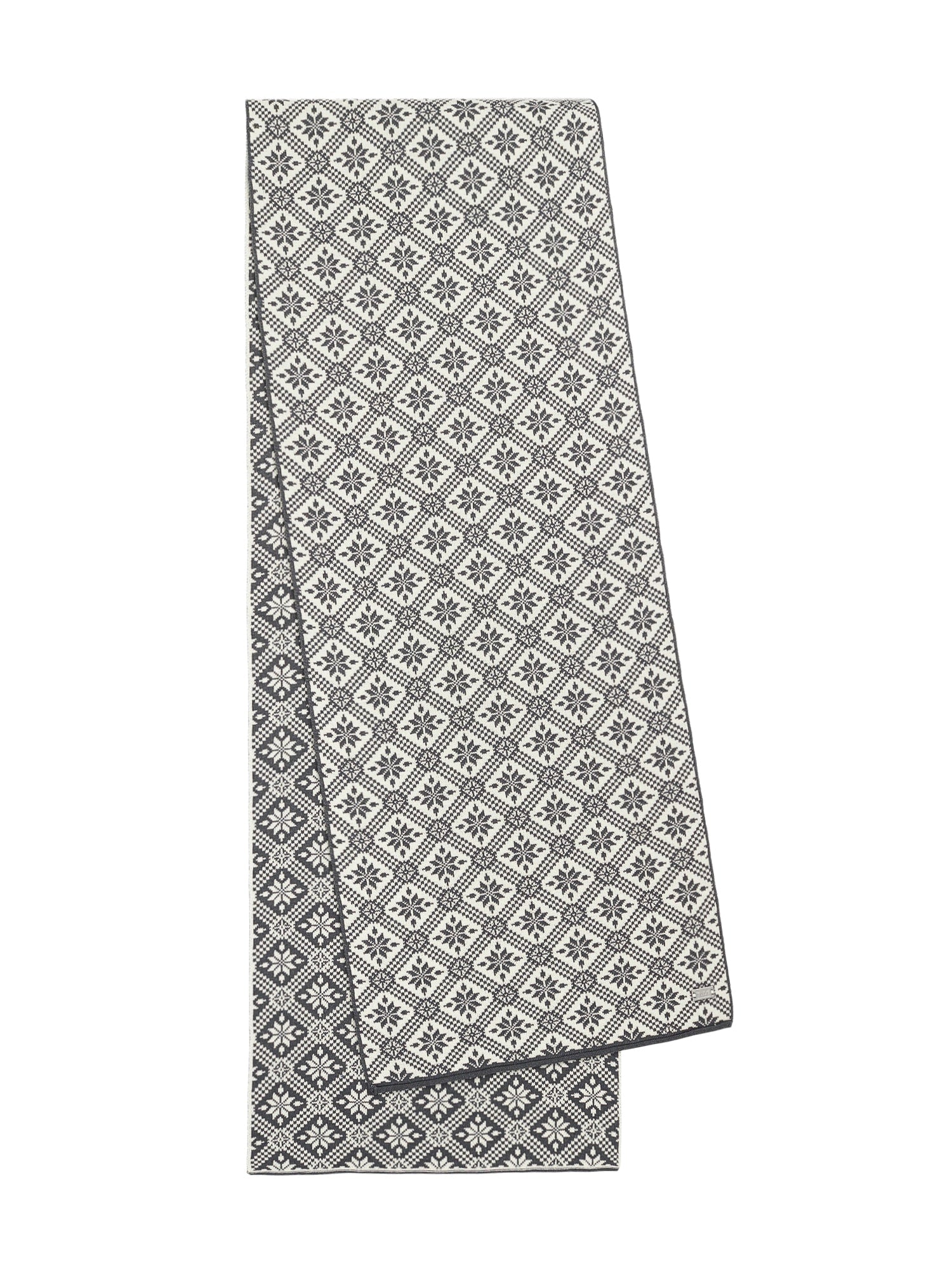 Dale of Norway Christiania Scarf in Offwhite Metalgrey featuring the classic Norwegian-inspired Christiania knit pattern.
