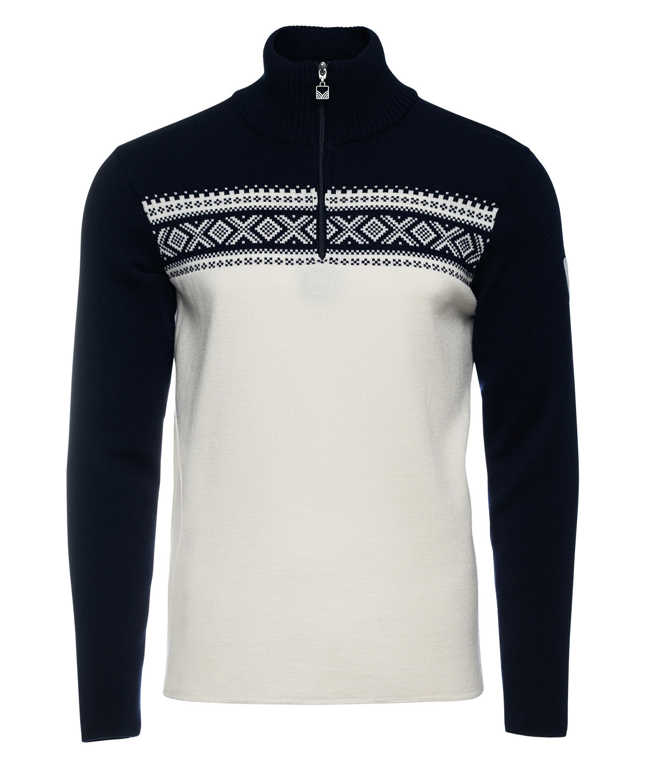 A black and off-white Dale of Norway Dalestolen Men's Sweater that is made from luxurious 100% Norweigan merino wool.