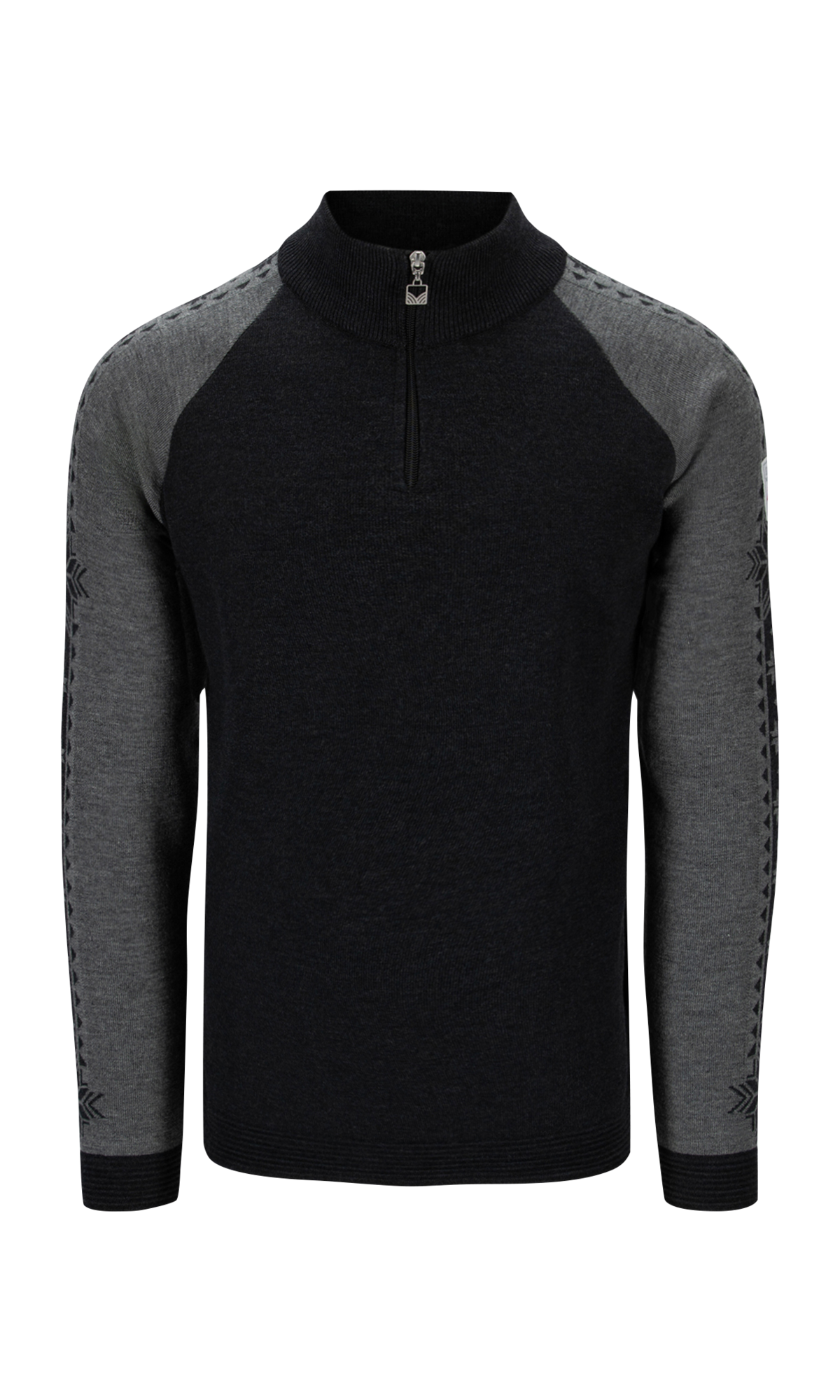 A black and grey Dale of Norway Geilo Men's Sweater that is made from luxurious 100% Norweigan merino wool and features a black geometric snowflake pattern on the sleeves.