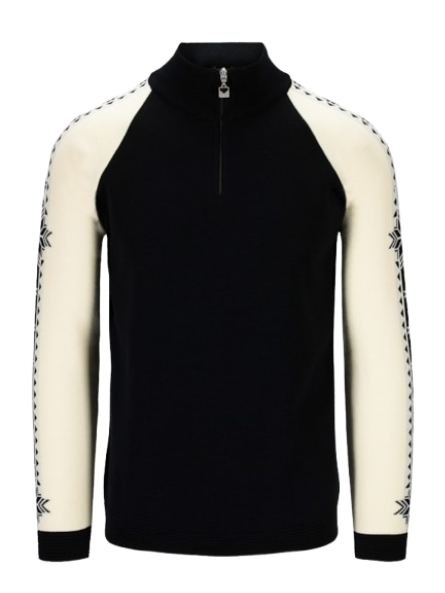 A black and off-white Dale of Norway Geilo Men's Sweater that is made from luxurious 100% Norweigan merino wool and features a black geometric snowflake pattern on the sleeves.