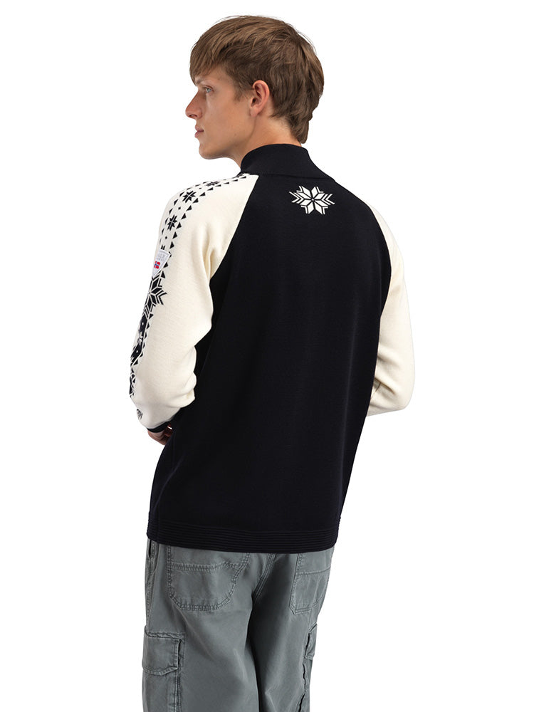 Dale of Norway Men's Geilo Sweater in Black Offwhite, a sporty Norwegian quarter-zip sweater made from 100% skin-soft merino wool.