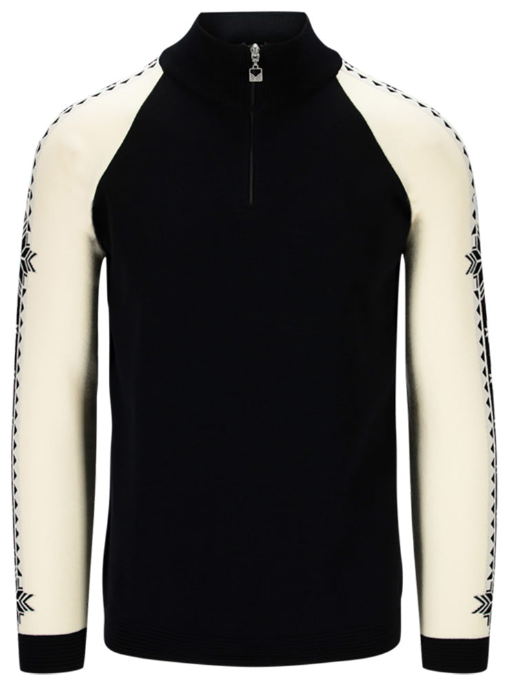 Dale of Norway Men's Geilo Sweater in Black Offwhite, a sporty Norwegian quarter-zip sweater made from 100% skin-soft merino wool.