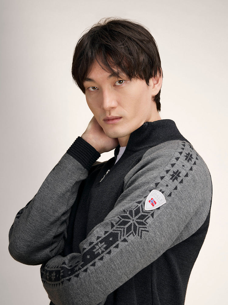 Dale of Norway Men's Geilo Sweater in Darkcharcoal Smoke, a sporty Norwegian quarter-zip sweater made from 100% skin-soft merino wool.