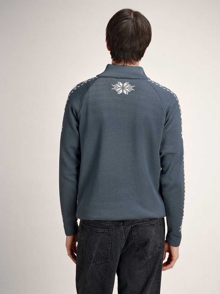 Dale of Norway Men's Geilo Sweater in Steel Offwhite, a sporty Norwegian quarter-zip sweater made from 100% skin-soft merino wool.