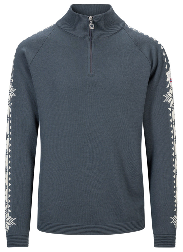 Dale of Norway Men's Geilo Sweater in Steel Offwhite, a sporty Norwegian quarter-zip sweater made from 100% skin-soft merino wool.