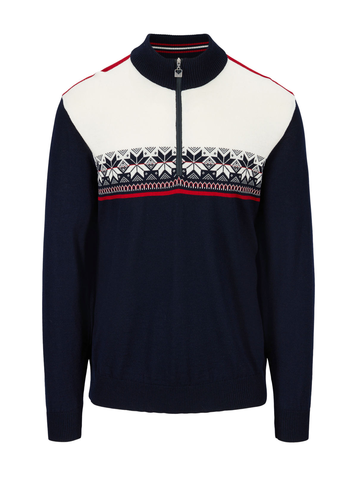 Dale of Norway Men's Liberg Sweater in Offwhite Raspberry featuring classic Norwegian-inspired styling and a quarter-zip neckline.