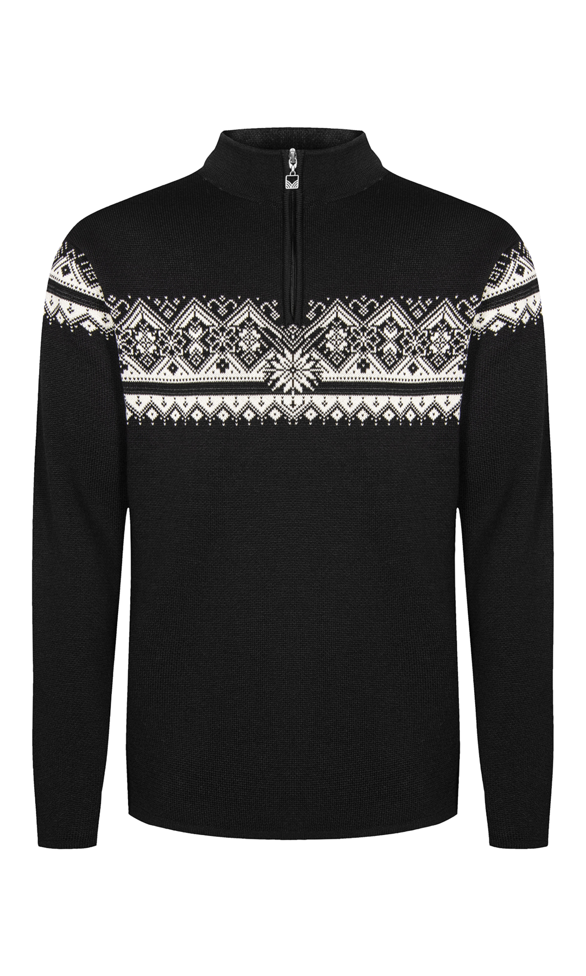 A black and white Dale of Norway Moritz Men's Sweater that is made from luxurious 100% Norweigan merino wool.