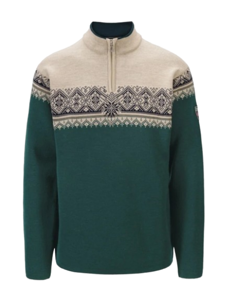 A green and off-white Dale of Norway Moritz Men's Sweater that is made from luxurious 100% Norweigan merino wool.