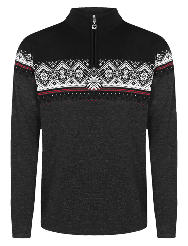 Dale of Norway Men's Moritz Sweater in Darkcharcoal Raspberry Black, a classic Norwegian ski sweater made from 100% merino wool.