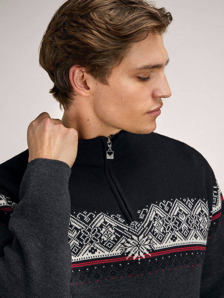 Dale of Norway Men's Moritz Sweater in Darkcharcoal Raspberry Black, a classic Norwegian ski sweater made from 100% merino wool.