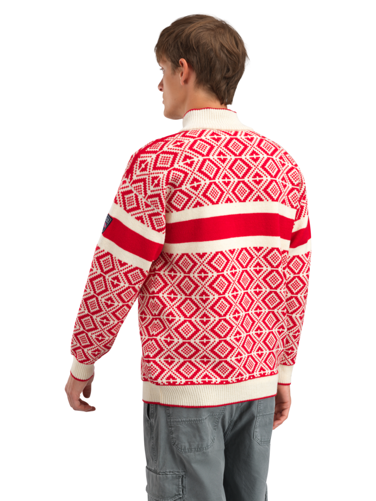 Dale of Norway Men's Team Norway Cortina Sweater in Raspberry Offwhite featuring the iconic Norwegian Cortina pattern.