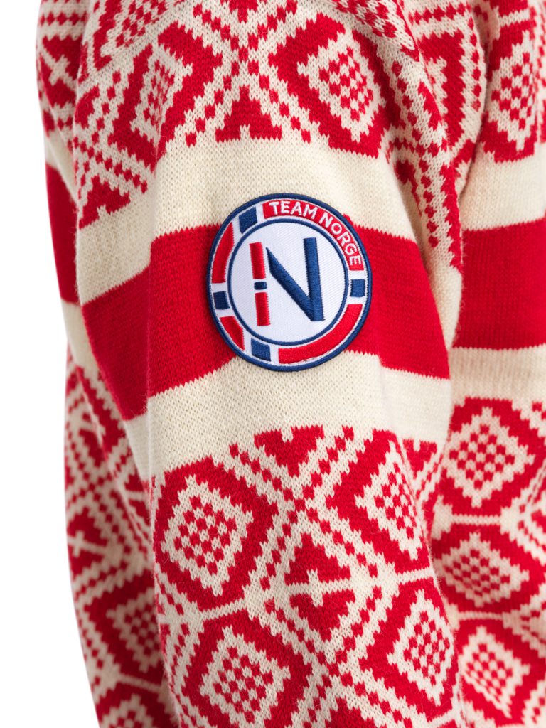 Dale of Norway Men's Team Norway Cortina Sweater in Raspberry Offwhite featuring the iconic Norwegian Cortina pattern.