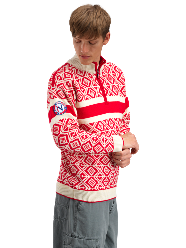 Dale of Norway Men's Team Norway Cortina Sweater in Raspberry Offwhite featuring the iconic Norwegian Cortina pattern.