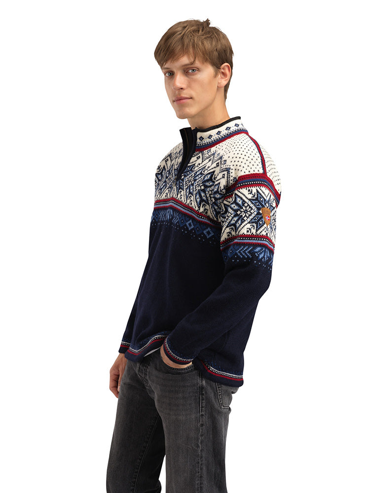 Dale of Norway Men's Vail Sweater in Midnightnavy Redrose Offwhite with traditional Norwegian pattern and quarter-zip neckline.