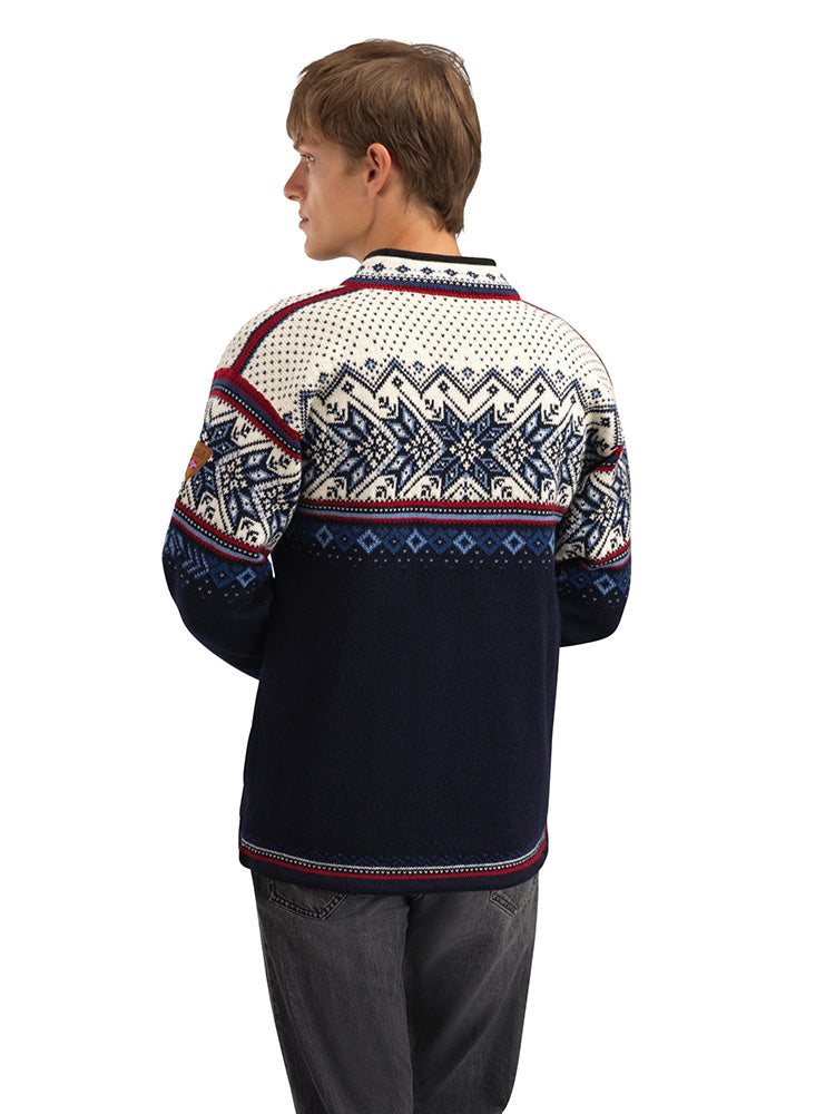 Dale of Norway Men's Vail Sweater in Midnightnavy Redrose Offwhite with traditional Norwegian pattern and quarter-zip neckline.