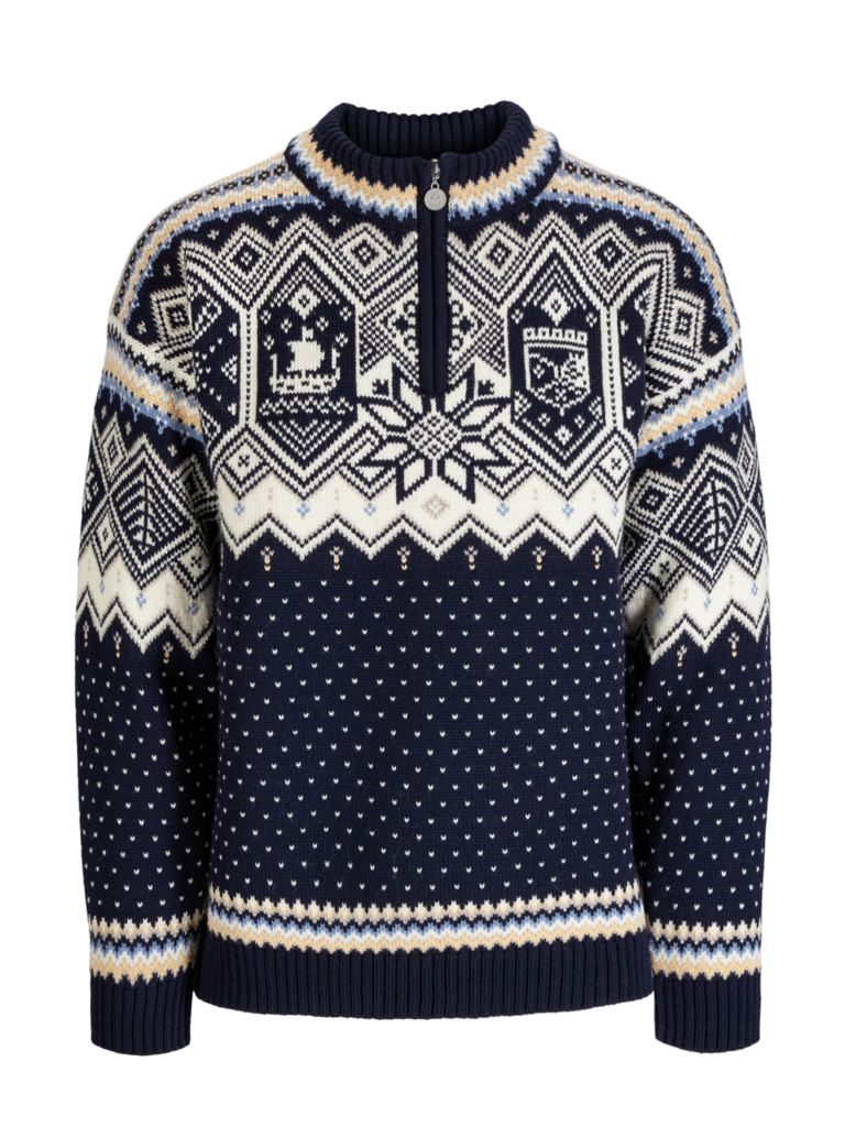 A navy and off-white Dale of Norway Men's VM Trondheim Sweater which features Scandinavian-inspired geometric patterns and is made from luxurious 100% Norweigan merino wool.