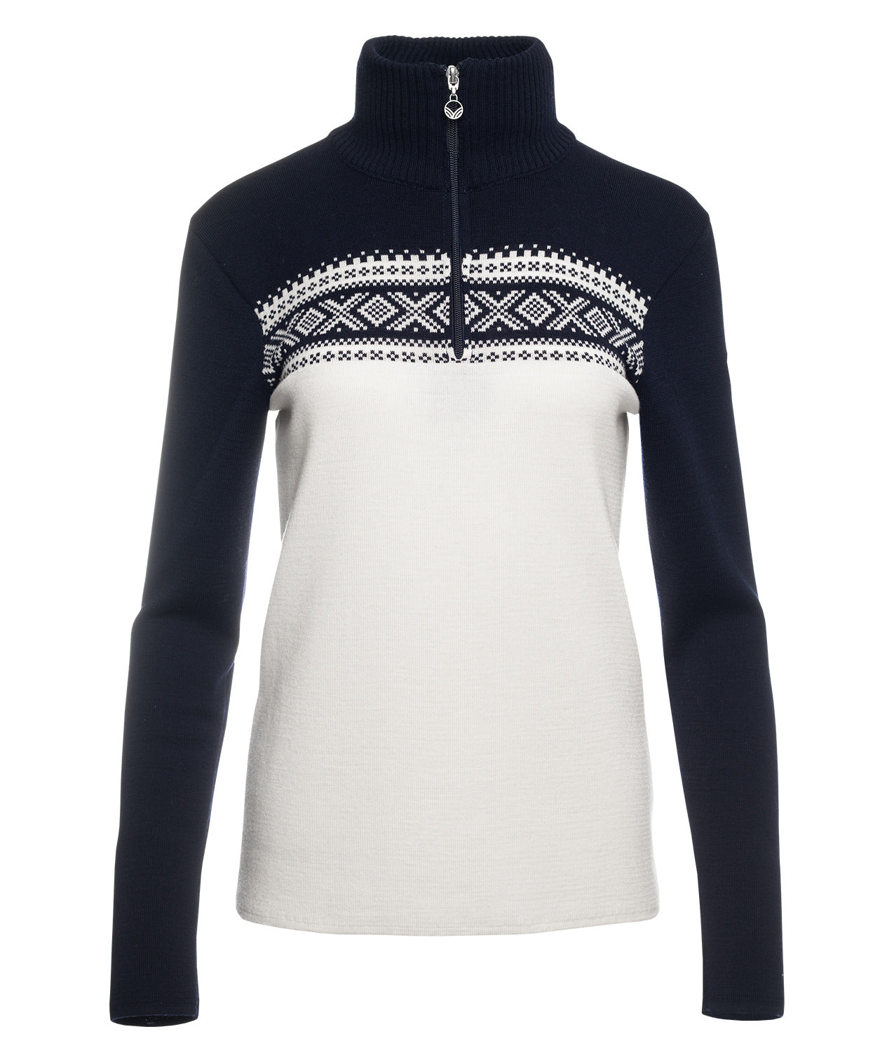 A navy and white Dale of Norway Dalestolen Women's turtleneck sweater that is made from luxurious 100% Norweigan merino wool.