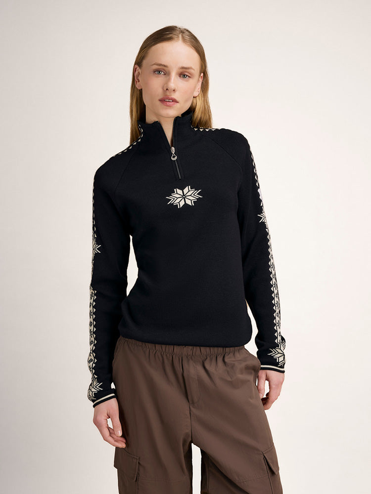 Dale of Norway Women's Geilo Sweater in Black Offwhite, a slim-fit quarter-zip sweater made from 100% skin-soft merino wool.