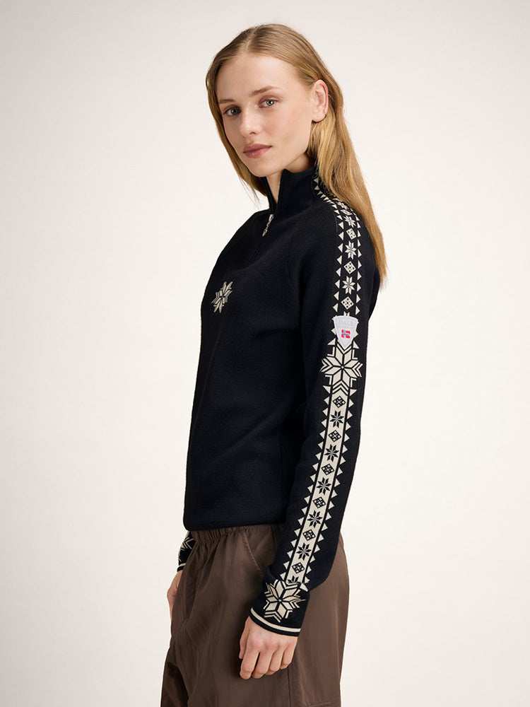 Dale of Norway Women's Geilo Sweater in Black Offwhite, a slim-fit quarter-zip sweater made from 100% skin-soft merino wool.