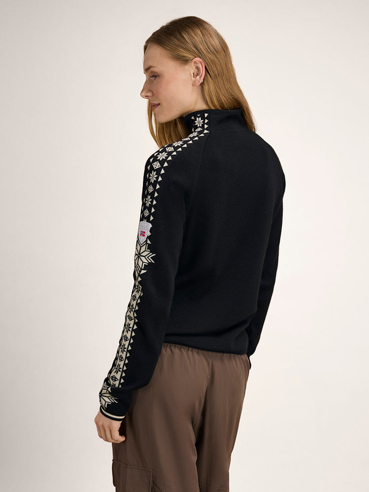 Dale of Norway Women's Geilo Sweater in Black Offwhite, a slim-fit quarter-zip sweater made from 100% skin-soft merino wool.