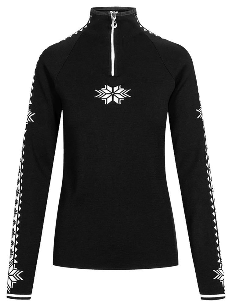 Dale of Norway Women's Geilo Sweater in Black Offwhite, a slim-fit quarter-zip sweater made from 100% skin-soft merino wool.
