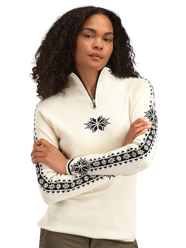 Dale of Norway Women's Geilo Sweater in Offwhite Black, a slim-fit quarter-zip sweater made from 100% skin-soft merino wool.