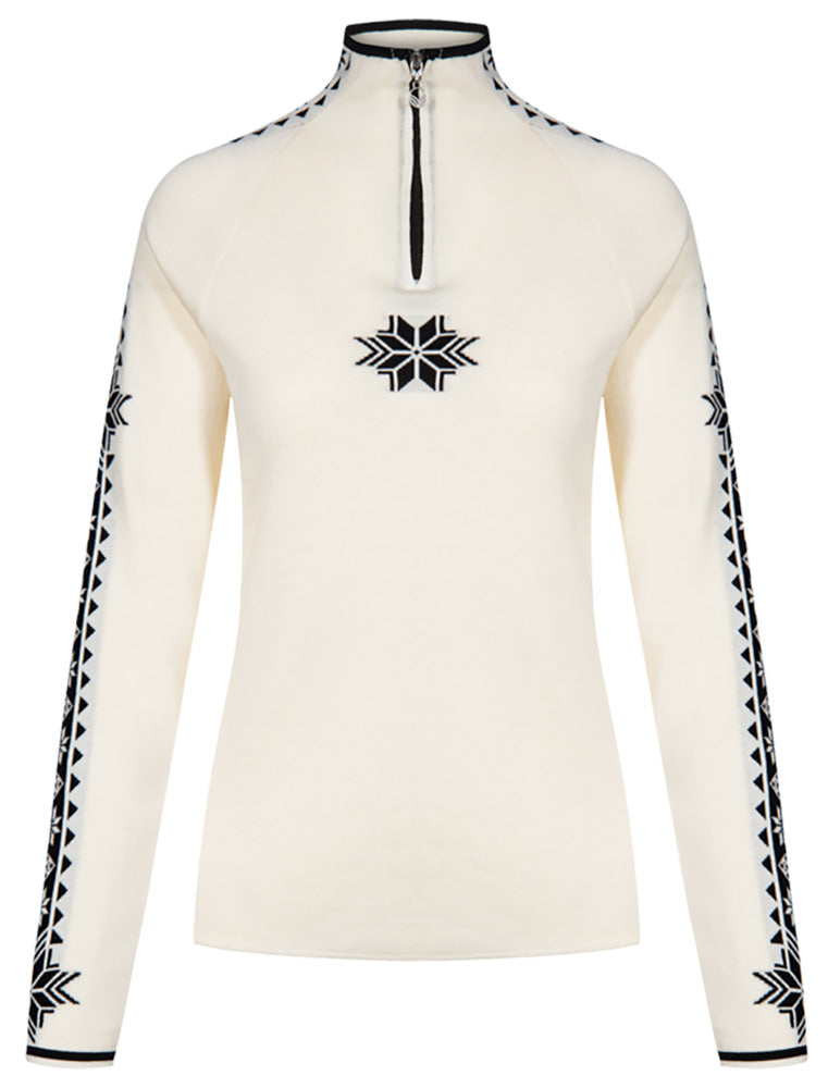 Dale of Norway Women's Geilo Sweater in Offwhite Black, a slim-fit quarter-zip sweater made from 100% skin-soft merino wool.
