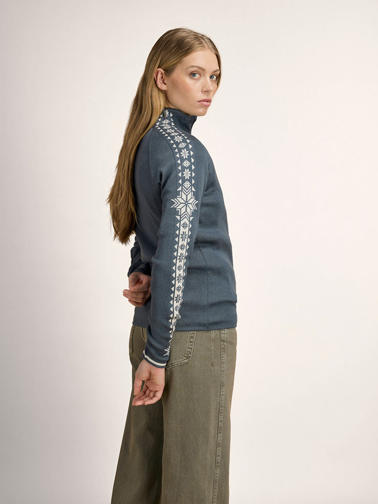 Dale of Norway Women's Geilo Sweater in Steel Offwhite, a slim-fit quarter-zip sweater made from 100% skin-soft merino wool.