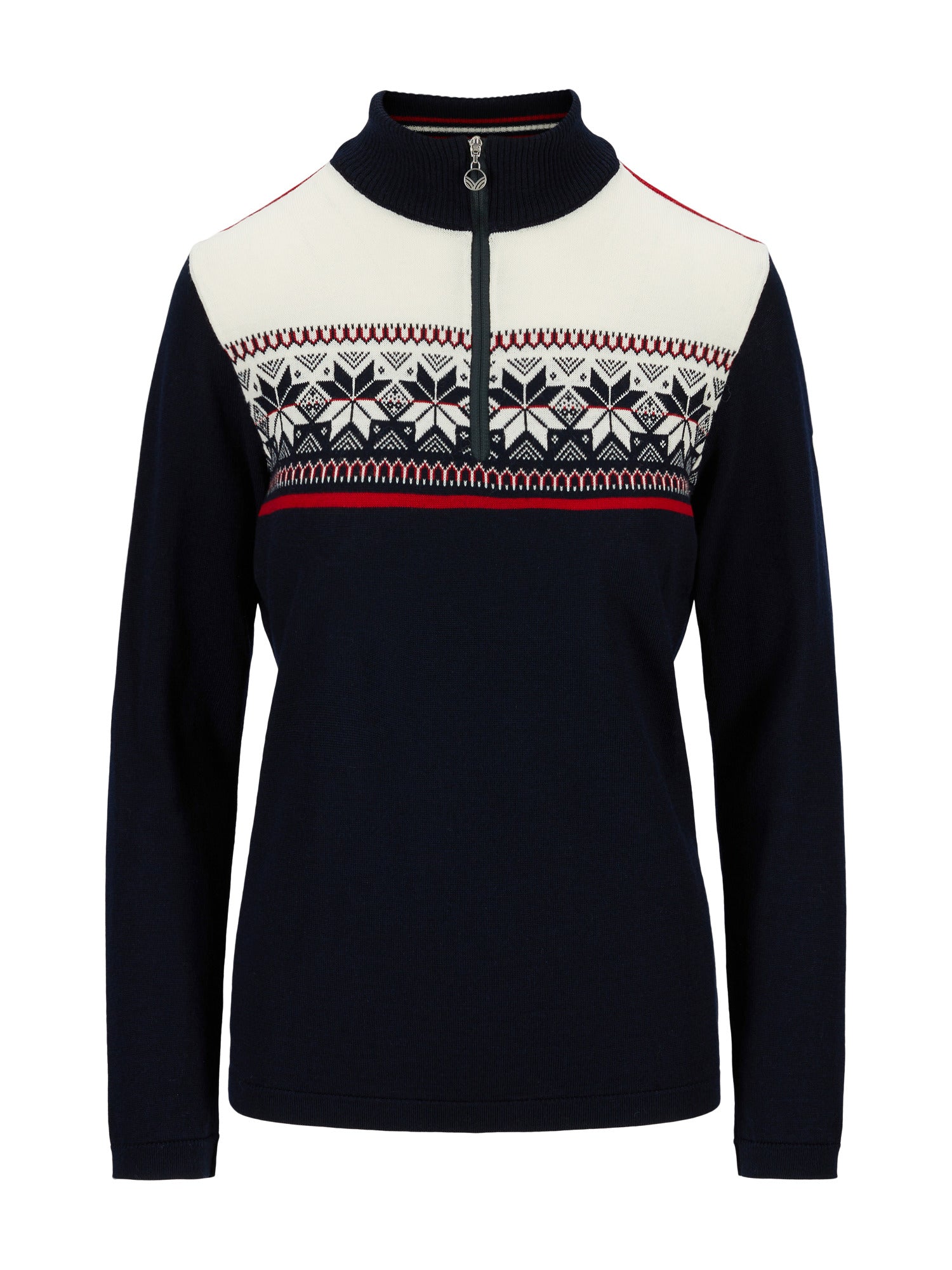 Dale of Norway Women's Liberg Sweater in Marine Raspberry Offwhite with colour-block design and classic Norwegian eight-petal rose pattern.