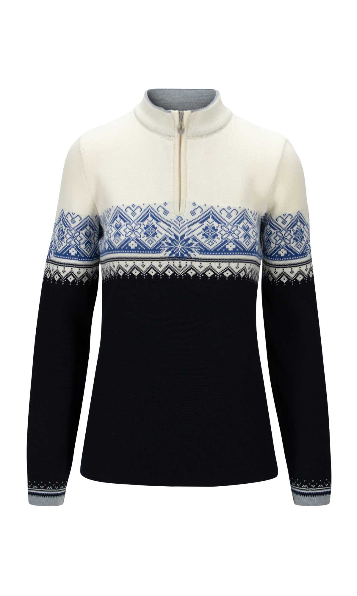 A navy and off-white Dale of Norway Women's Moritz Sweater that is made from luxurious 100% Norweigan merino wool.