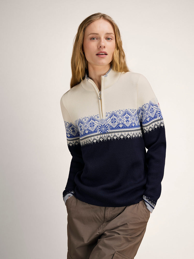 Dale of Norway Women's Moritz Sweater in Navy White Ultramarine with classic Nordic pattern and quarter-zip neckline.