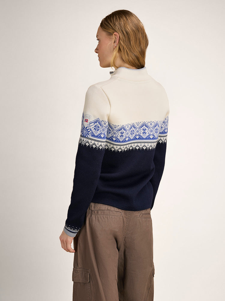 Dale of Norway Women's Moritz Sweater in Navy White Ultramarine with classic Nordic pattern and quarter-zip neckline.
