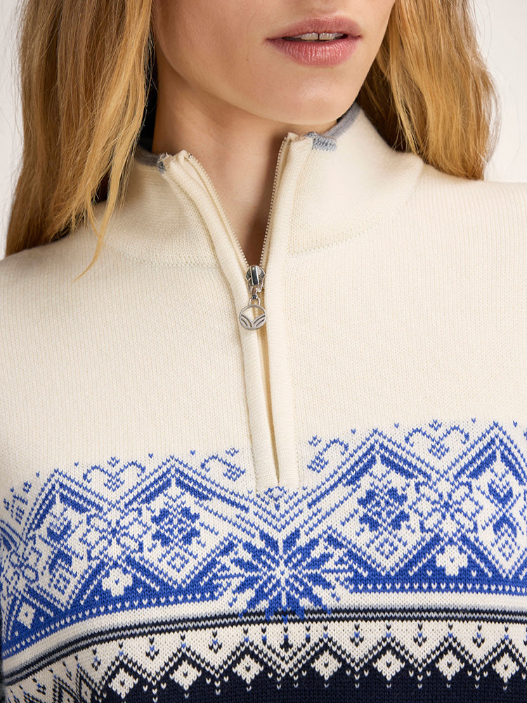Dale of Norway Women's Moritz Sweater in Navy White Ultramarine with classic Nordic pattern and quarter-zip neckline.