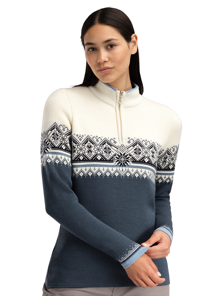 Dale of Norway Women's Moritz Sweater in Steel Offwhite Marine with classic Nordic pattern, made from 100% skin-soft merino wool.
