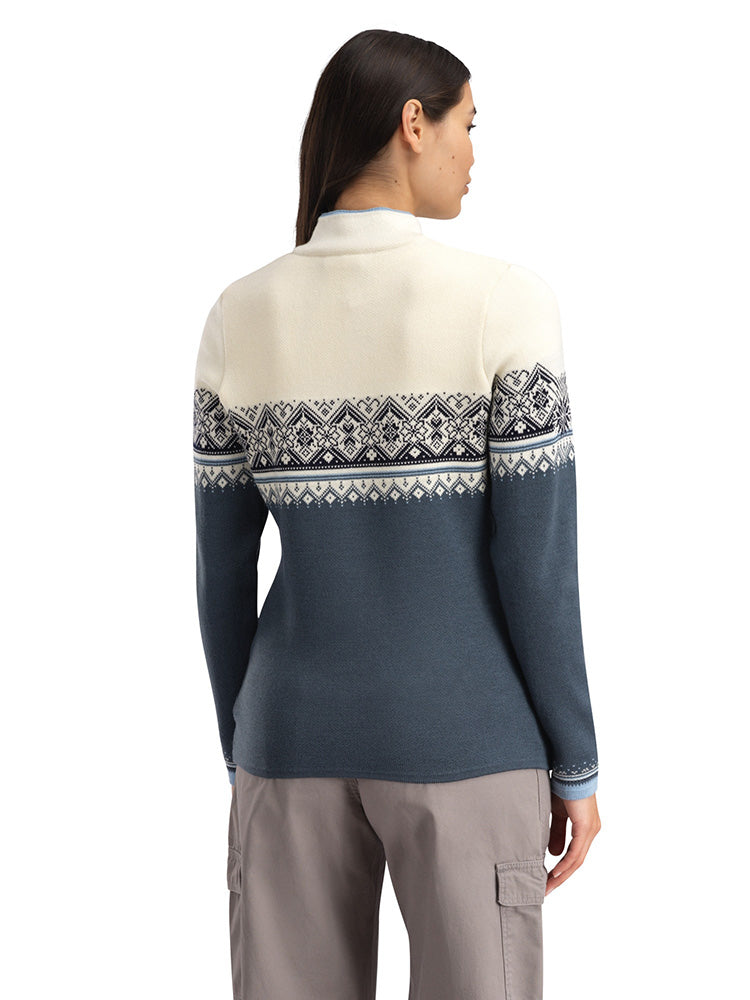 Dale of Norway Women's Moritz Sweater in Steel Offwhite Marine with classic Nordic pattern, made from 100% skin-soft merino wool.